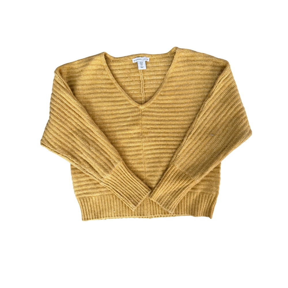 Sincerely Jules Mustard Yellow Ribbed V-Neck Knit Sweater Womens Small